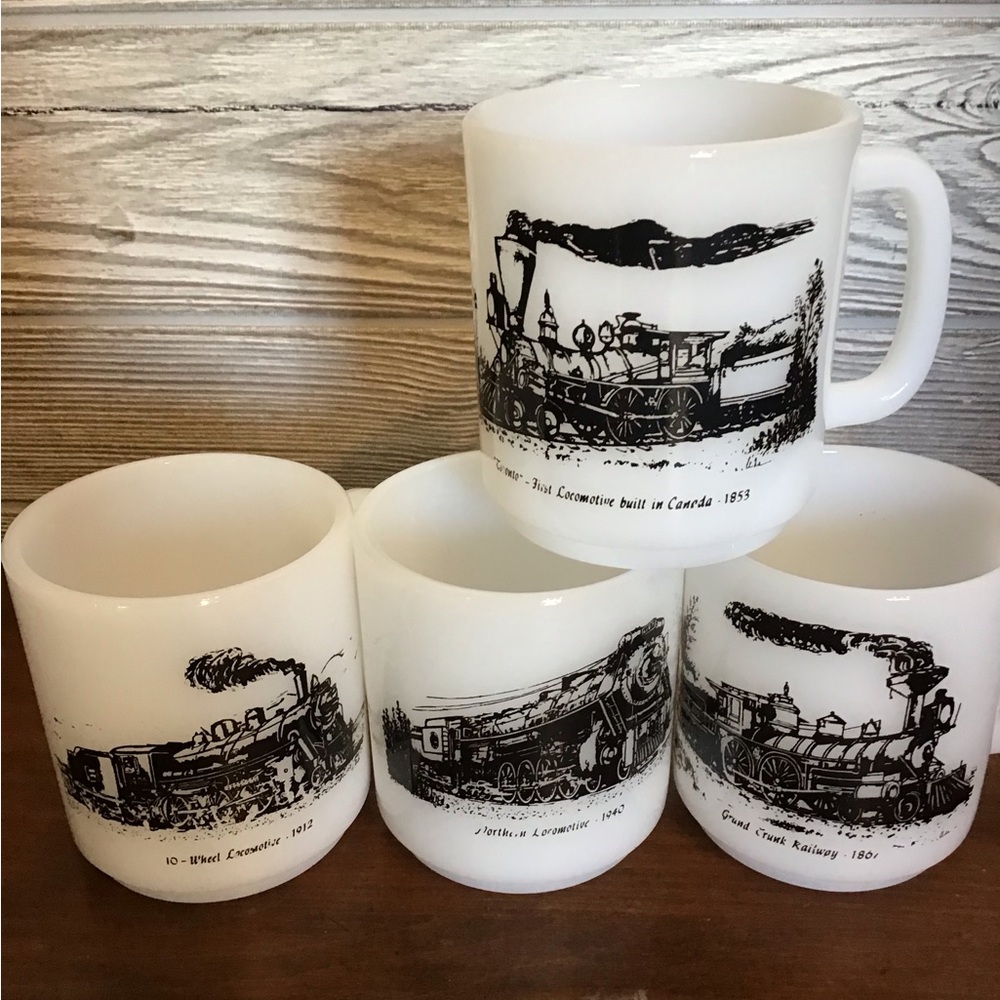 Vintage White Train-Illustrated Milk Glass Mugs - Set of 4